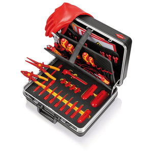 An open Draper Knipex 00 21 05 Ev Tool Case "Basic" E-Mobility, containing a variety of VDE-tested tools such as pliers, screwdrivers, and testing devices, with a pair of red protective gloves placed on top.