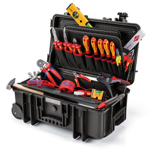 The Draper Knipex 00 21 33 E Tool Case "Robust26" Electric - 00 21 33 E is open, revealing an organized selection of hand tools including screwdrivers, pliers, a spirit level, measuring tape, wrenches, and other tools.