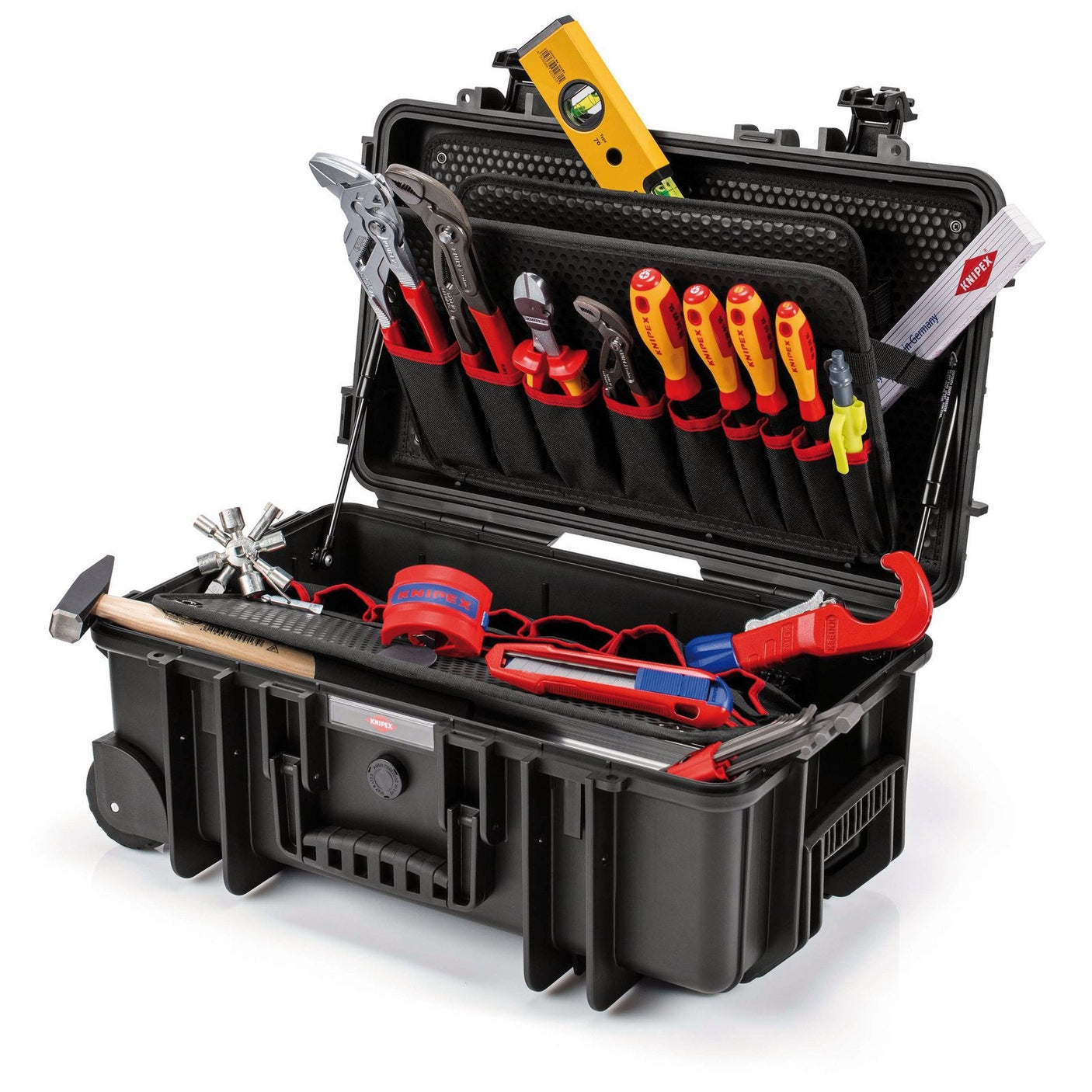 The Draper Knipex 00 21 33 S Tool Case "Robust26" Plumbing - 00 21 33 S, made of impact-resistant polypropylene, opens to display a variety of hand tools including pliers, screwdrivers, a wrench, a hammer, a level, and a measuring tape. All tools are neatly organized in specific slots and compartments. The case is waterproof and dustproof for added durability.