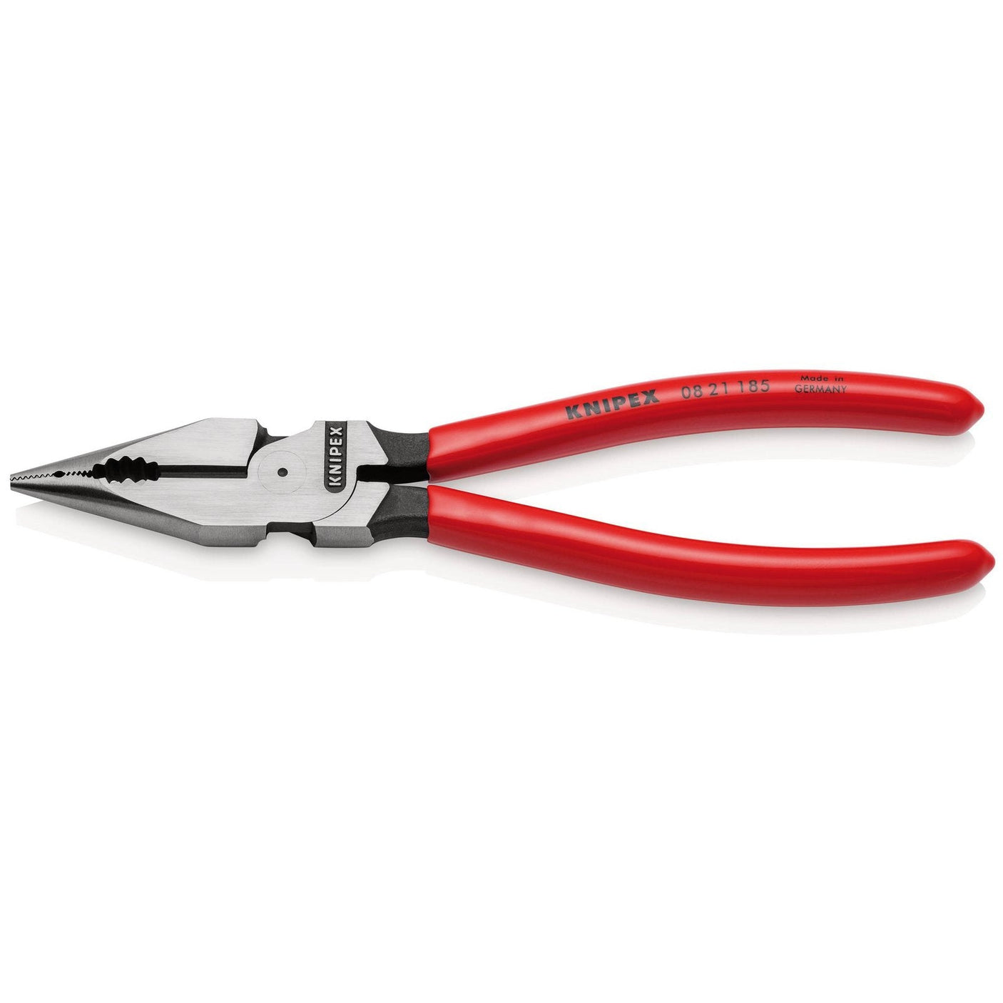 A pair of Draper Knipex 08 21 185 SB Needle-Nose Combination Pliers, featuring black atramentized metallic head and plastic-coated red handles, designed with pointed jaws and a high leverage joint for gripping, bending, and cutting wire.