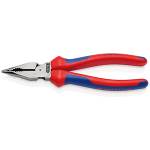 A pair of Draper Knipex 08 22 185 SB Needle-Nose Combination Pliers with induction-hardened cutting edges and multi-component grips rests on a white surface.