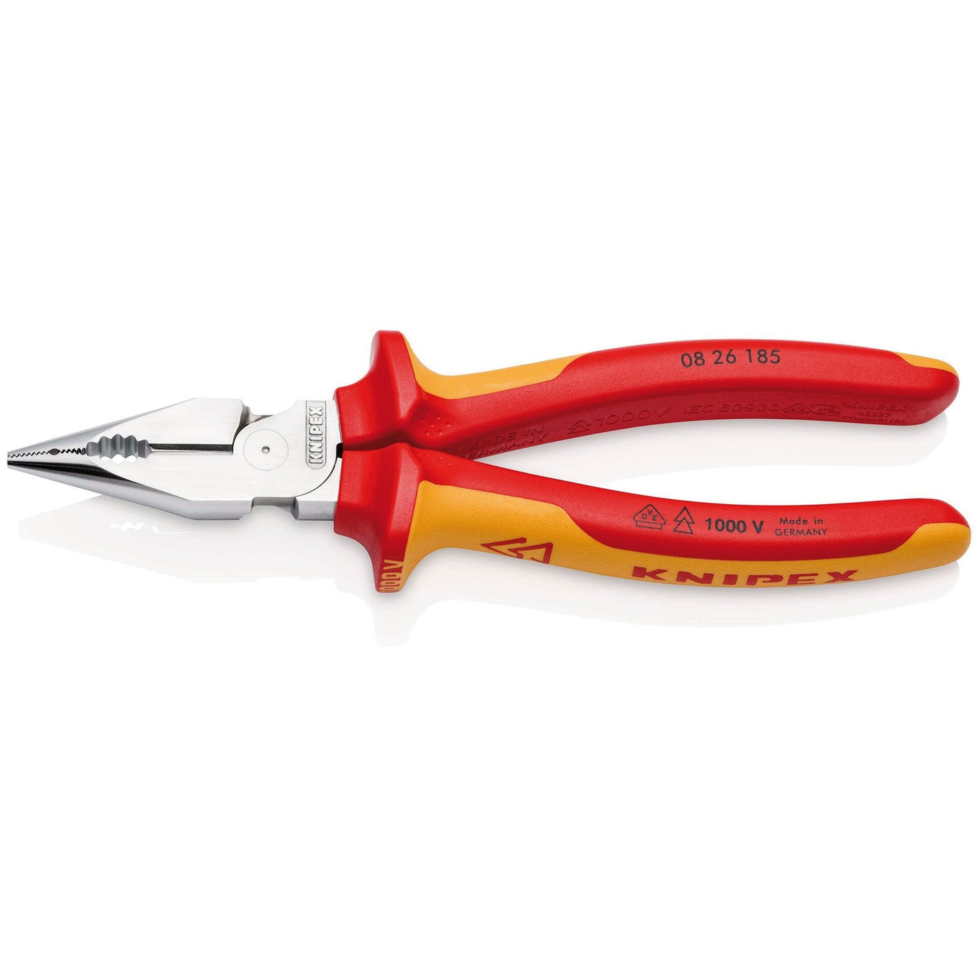 A pair of red and yellow insulated needle-nose combination pliers with multi-component grips, a high leverage joint, and a metal cutting surface, branded "Draper" and VDE-tested.