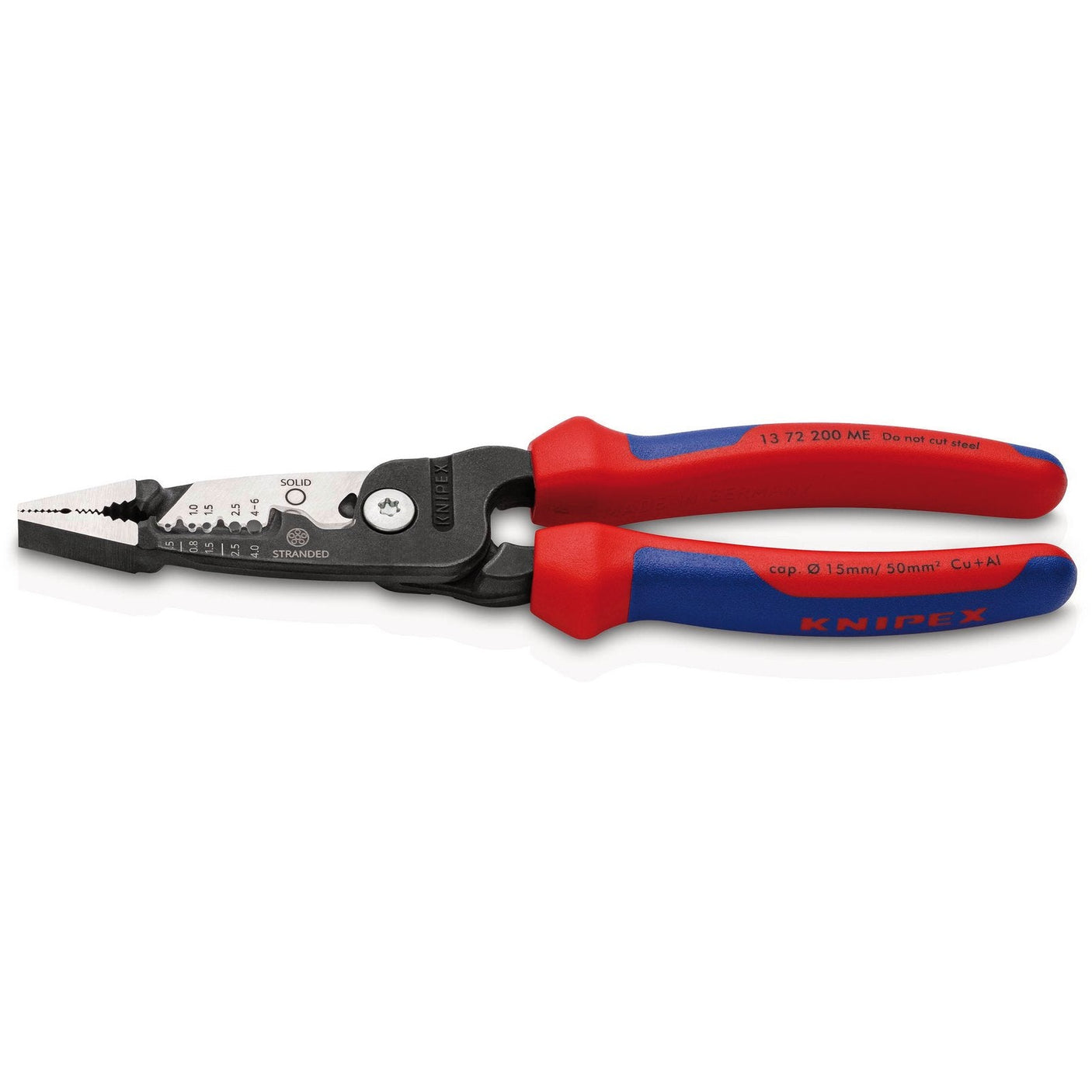 A pair of Draper Knipex 13 72 200 ME Wire Stripper pliers with red and blue multi-component grips, featuring multiple gripping sections and an innovative cutting geometry for electrical work and wire stripping.