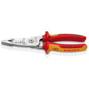 The Draper Knipex 13 76 200 Me Wire Stripper features a red and yellow insulated handle with multi-component grips. This VDE-tested, chrome-plated tool, measuring 200mm, boasts innovative cutting geometry for efficient cutting, gripping, and stripping functions. The "Knipex" brand name is prominently displayed on the handle.