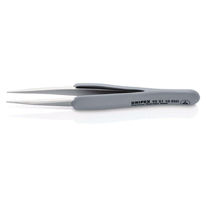 A pair of grey Draper Knipex 92 21 10 ESD precision stainless steel tweezers with fine pointed tips and rubber handles, perfect for precision work, on a white background.