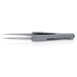 Gray Draper Knipex 92 21 12 ESD precision tweezers with rubber handles and pointed tips, corrosion-resistant and designed for electronic and precision work, displayed on a white background.