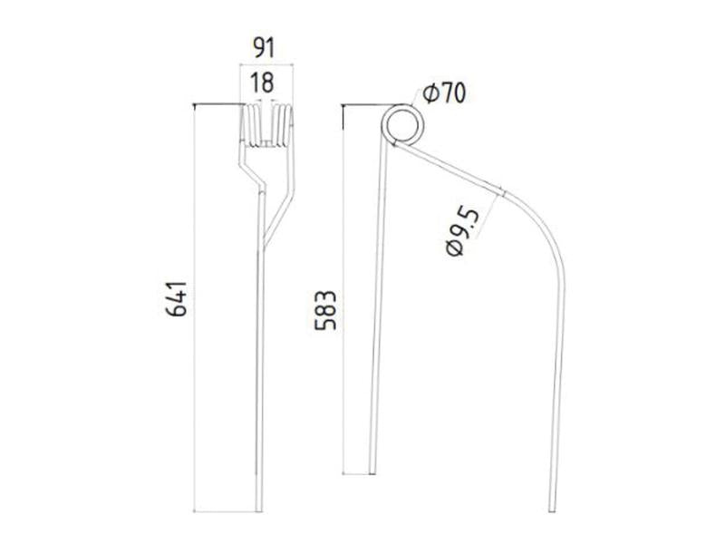 Swather/Tedder Tine - RH & LH - Length: 641mm, Width: 91mm, Ø9.5mm - Replacement for Niemeyer To fit as: 600063 | Sparex Part No.S.132544