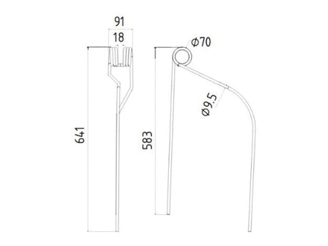 Swather/Tedder Tine - RH & LH - Length: 641mm, Width: 91mm, Ø9.5mm - Replacement for Niemeyer To fit as: 600063 | Sparex Part No.S.132544