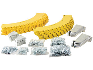 Image of an assortment of Forager Blade | Sparex Part Number: S.132559 hardware components by Sparex, including curved and flat metal pieces, bolts, and screws, arranged in piles and small plastic bags. The variety falls under tariff code 8433900000.