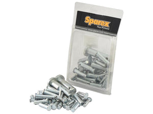 A plastic package of assorted metal pins marked "Sparex" (Metric Clevis Pins Ø: 4 - 15.7mm, Agripak 37 pcs., Sparex Part Number: S.13342) alongside a pile of loose metal pins ranging from Ø4mm to Ø15.7mm.