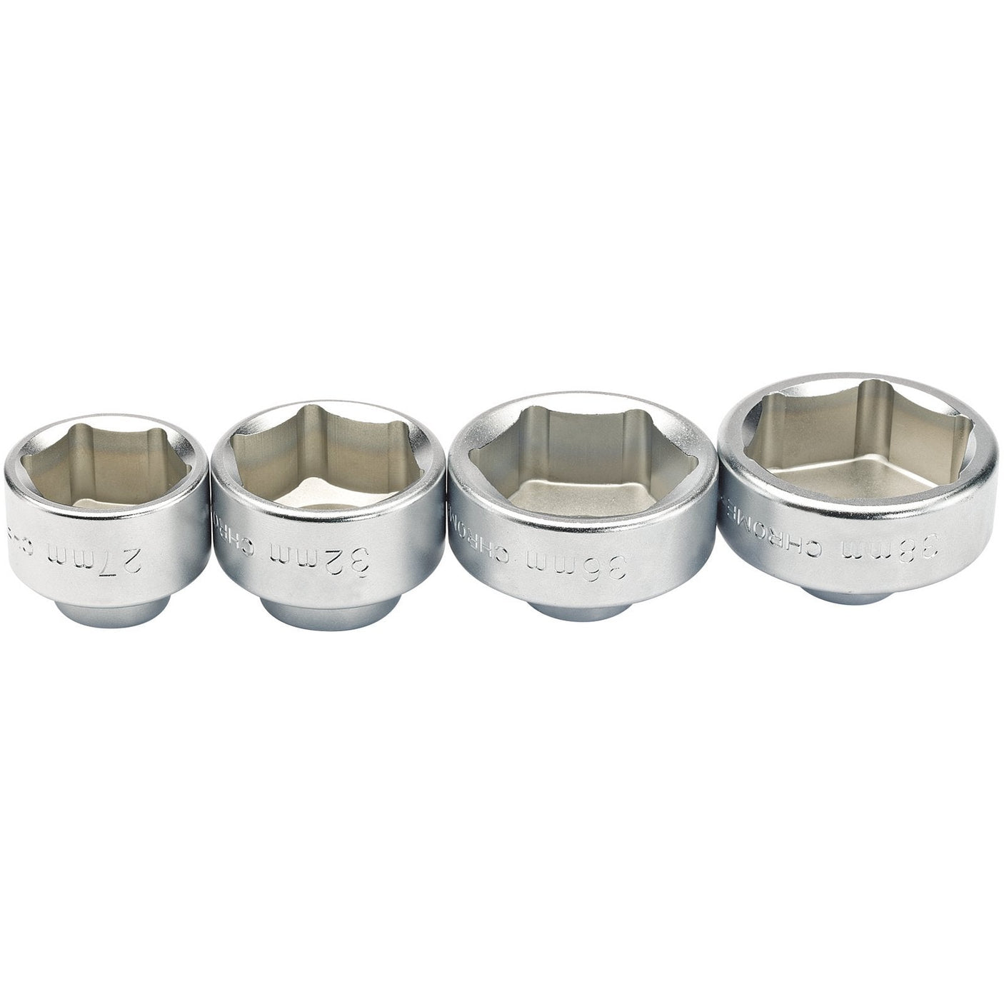 A row of Draper Oil Filter Cap Sockets, model OFCW-27, made from chrome vanadium steel.