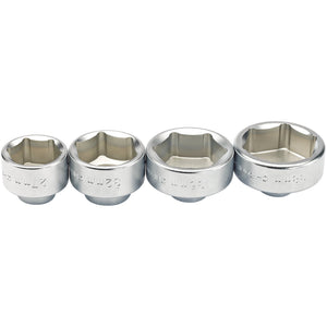 A row of Draper Oil Filter Cap Sockets, model OFCW-27, made from chrome vanadium steel.