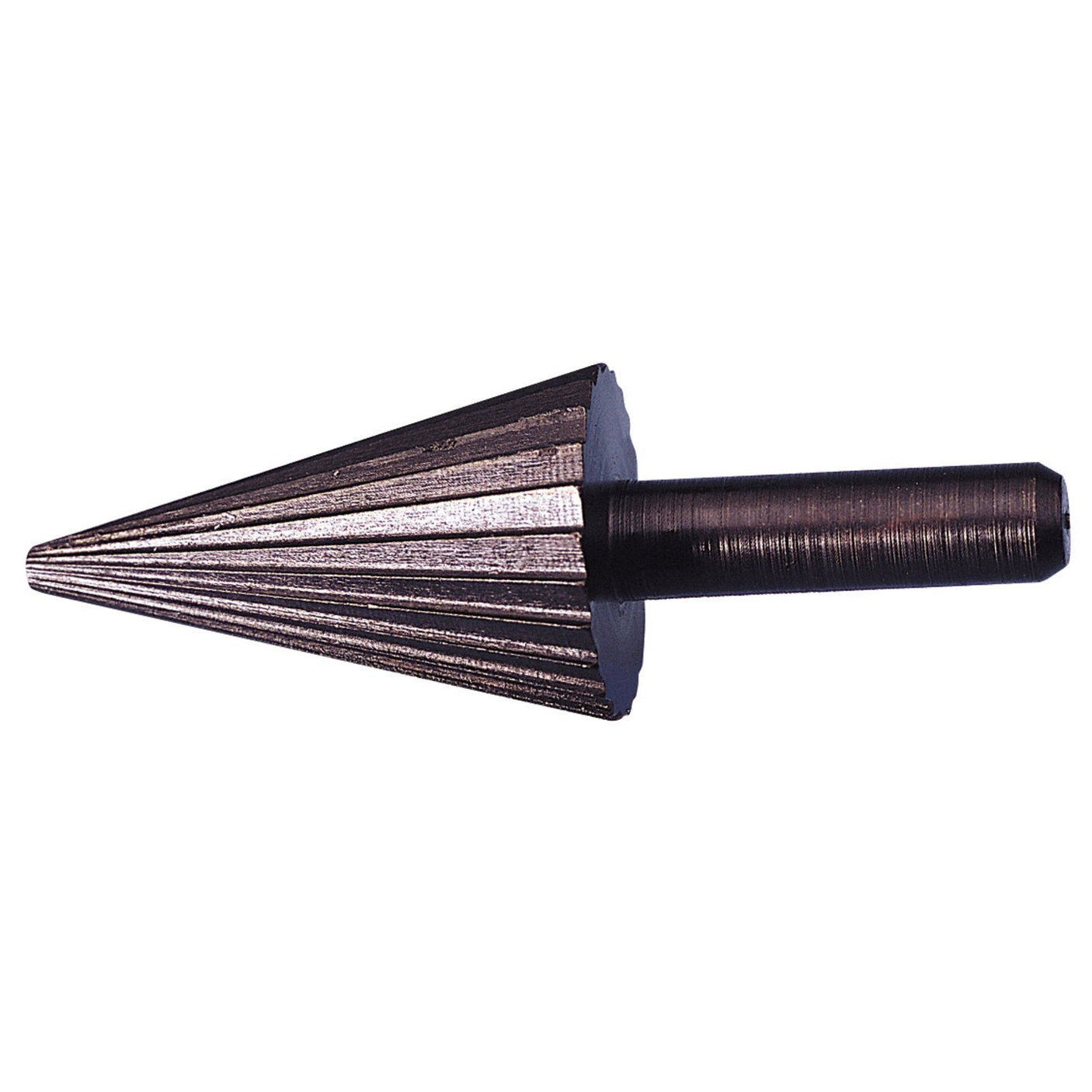 The Draper Taper Cutter, 4 - 24mm - 4303, is a cone-shaped metal cutting tool with a grooved surface and a cylindrical shank, ideal for use with power drills and capable of working on nonferrous metals.