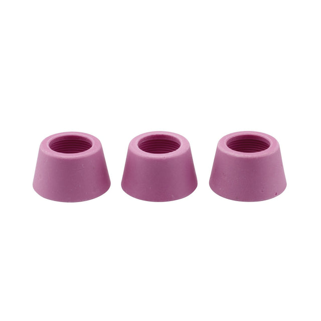 Three purple rubber tips for furniture legs are arranged in a row on a white background, resembling the precision one would expect from a Draper Plasma Cutter Ceramic Shroud for Stock No. 70066 (Pack of 3) - AIPC40-1.