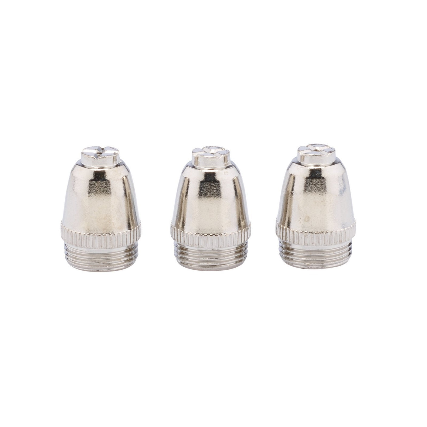 Three Draper Plasma Cutter Nozzles for Stock No. 70066 (Pack of 3) - AIPC40-3, silver-colored and threaded, are displayed in a row on a white background. These precision-crafted pieces are essential components for AG60 Plasma Cutting Torches, ensuring efficient performance and reliability.