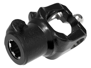 A black, metal Sparex Brand PTO Yoke - Quick Release Wide Angle for an automotive driveshaft, featuring a textured surface and a hole for connecting components (U/J Size: 32 x 76 & 27 x 94mm, Spline Type: 1 3/4''x 6 | Sparex Part Number: S.13486).