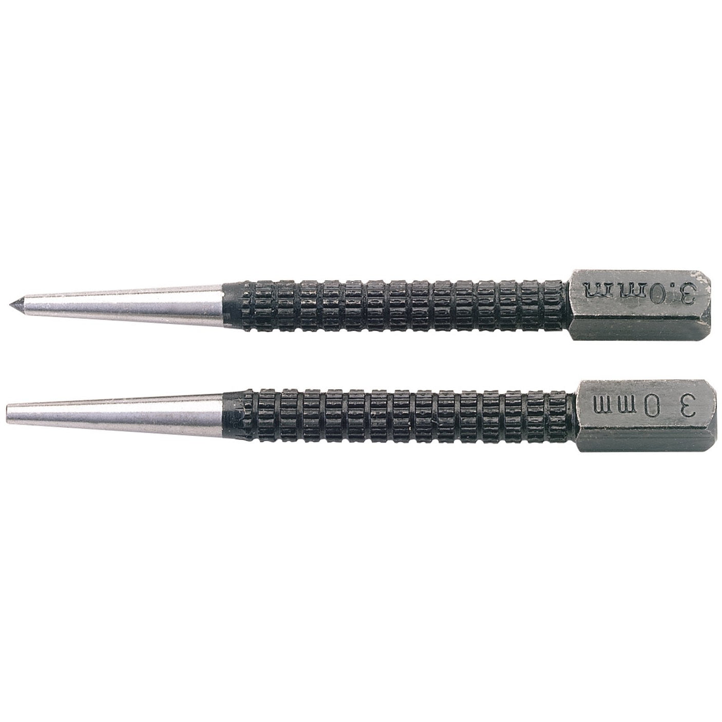 Two carbon steel automatic center punches from the Draper Cupped Nailset And Centre Punch Set (2 Piece) - 622/623, featuring textured grips and 3.0 mm size markings—one with a pointed tip and the other with a blunter tip.