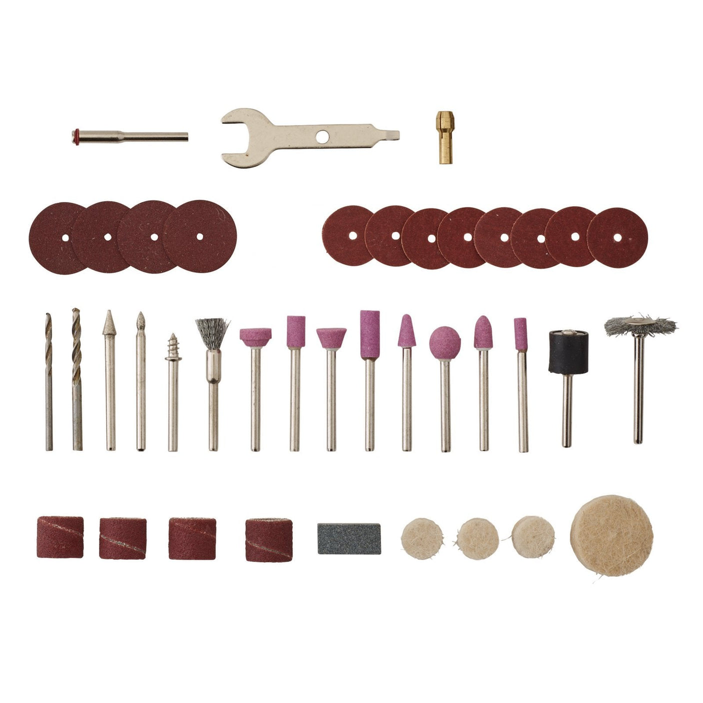 The Draper Rotary Multi-Tool Accessory Set (40 Piece) – AMT135SF40-1, a comprehensive collection from Draper, includes drill bits, sanding discs, grinding stones, diamond cutters, a small wrench, and polishing pads, all arranged neatly on a white background.