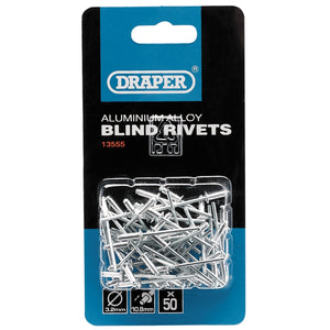 Package of Draper Blind Rivets, 3.2mm in diameter and 10.8mm in length with a steel mandrel, containing 50 pieces, display packed.