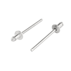 Two Draper Blind Rivets, 4 X 5.6mm (50 Piece) - RIV displayed on a white background. One rivet is laid horizontally, while the other is positioned at a slight angle, highlighting their steel mandrel construction.