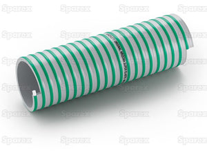 A close-up image of a coiled, striped green and white PVC Slurry Hose - Round Helix (Arizona SuperElastic), with a hose ID of 90mm (31/2'') by Sparex, featuring text along its length, against a white background.