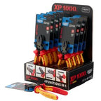 A Draper Xp1000® Counter Top Display Unit proudly showcases multiple packs of Vde 160mm and 180mm 4-in-1 Combination Cutters, each with striking red and yellow handles, certified to EN 60900, offering four functions in one versatile tool.