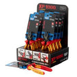 Display box of Draper XP1000® VDE 160mm 4-in-1 Combination Cutters (10 Piece) - XP1000/4-1/NT10 featuring multiple pliers with red and yellow handles, alongside product cards illustrating different tool functions. Perfect for use in EN 60900 environments, this Draper merchandising counter display unit enhances retail presentation.