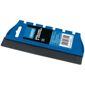 The Draper Adhesive Spreader and Grouter, 175mm - 4908, features a blue spreader with a serrated black edge, ideal for applying tile adhesive. The packaging label reads "Spreader & Grouter" along with product details and a barcode.