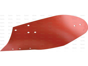 A red metal Mouldboard - RH (Naud) with a curved surface, featuring six holes arranged in various positions, designed for RH Fitting compatibility. Sparex Part Number: S.136198.