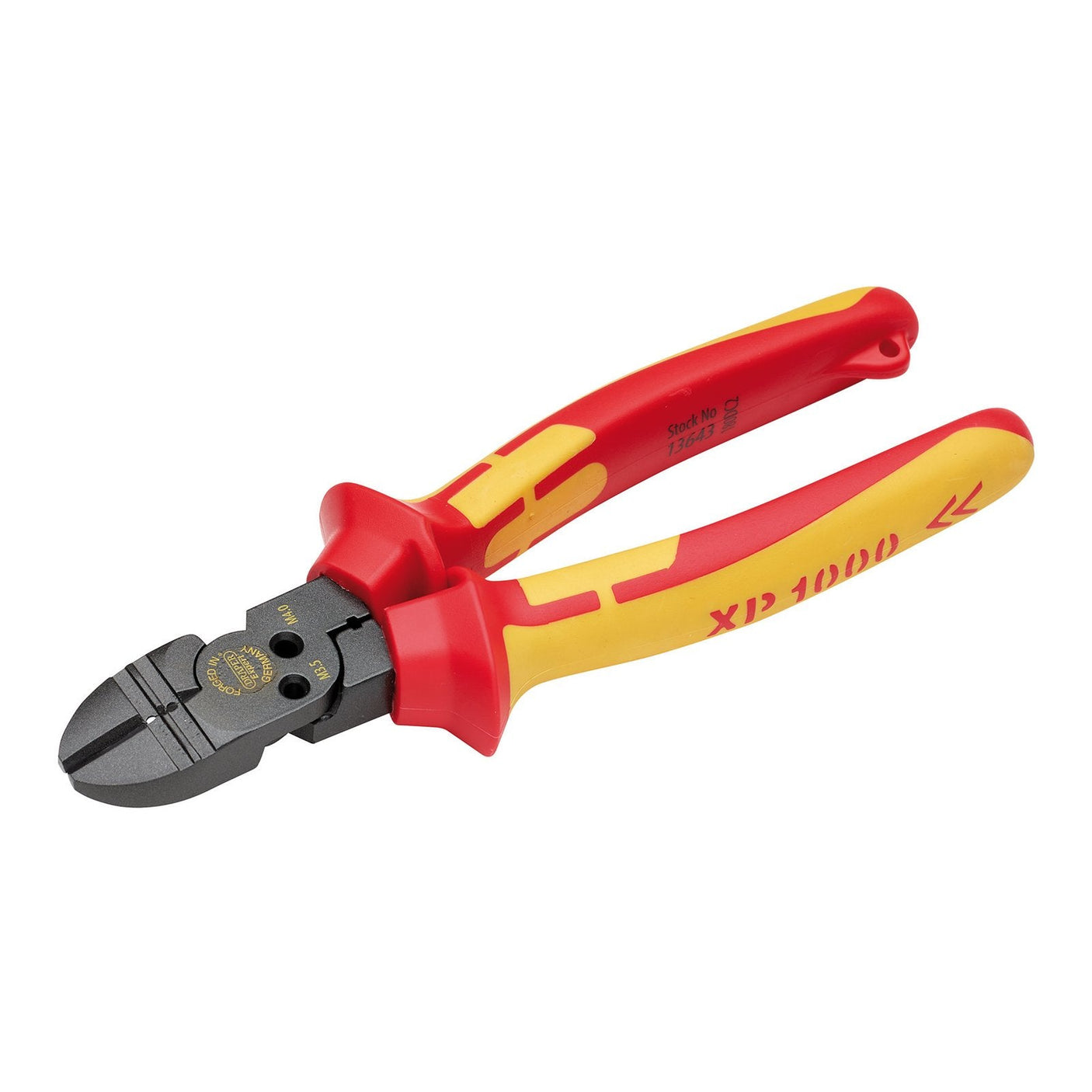 The Draper Xp1000® VDE Tethered 4-In-1 Combination Cutter, 180mm - XP1000/4-1 features yellow and red insulated grips and a sharp black cutting edge that is VDE-certified for safety.