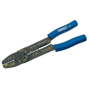 A Draper 5 Way Crimping Tool, model CT5, with blue handles, made from heavy gauge carbon steel, featuring labeled sections for cutting, stripping, and crimping wires.