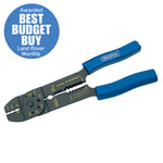 Image of the Draper 4 Way Crimping Tool, 215mm - CT4 with blue handles. Made from heavy gauge carbon steel, it boasts superior durability. A circular label in the top corner states "Awarded Best Budget Buy - Land Rover Monthly." Perfect for crimping insulated terminals and wire cutting needs.