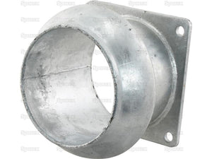 The Sparex Coupling with Square Flange - Male 6'' (159mm) x (150mm) (Galvanised), Part Number S.136627, is designed for wall mounting and features a circular opening and four bolt holes on the baseplate, making it compatible with Perrot Fitting systems.