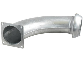 The 90° Coupling with Square Flange - Male 6'' (159mm) x (150mm) (Galvanised) - S.136629 by Sparex is a metal elbow pipe fitting featuring a square flange on one end and a bell-shaped opening on the other, ideal for use in plumbing or ventilation systems.