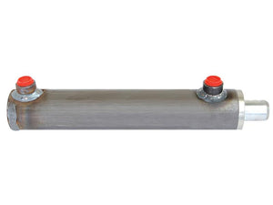 The product is a horizontal, cylindrical metal object from the Sparex brand. It has a cylinder bore of 50mm and features two red-capped ports with one silver end. This is labeled as the Sparex Hydraulic Double Acting Cylinder Without Ends, measuring 25 x 50 x 200mm.