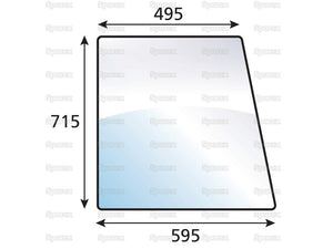 A Sparex Side Glass RH & LH, Sparex Part Number S.137128, is a tinted green quadrilateral mirror with dimensions: top width 495 mm, bottom width 595 mm, height 715 mm.