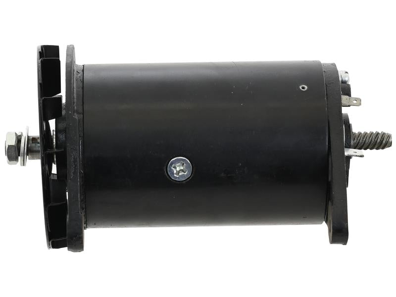 The Dynamo 22 Amps (Sparex Part Number: S.137328) is a black cylindrical electric motor featuring mounting flanges and a connecting bolt on one end, with electrical terminals on the other. Designed for 12V applications, this Sparex motor is ideal for powering a fan and ensures reliable performance.