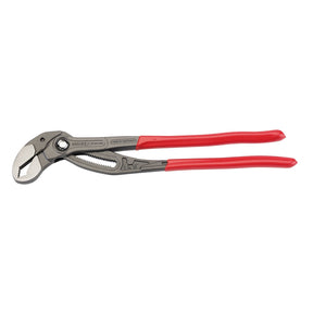The Draper Knipex Cobra® 87 01 400 Waterpump Pliers, featuring a red handle, serrated jaws, and plastic-coated handles, offer one-hand press button adjustment and are crafted from durable chrome vanadium electric steel.