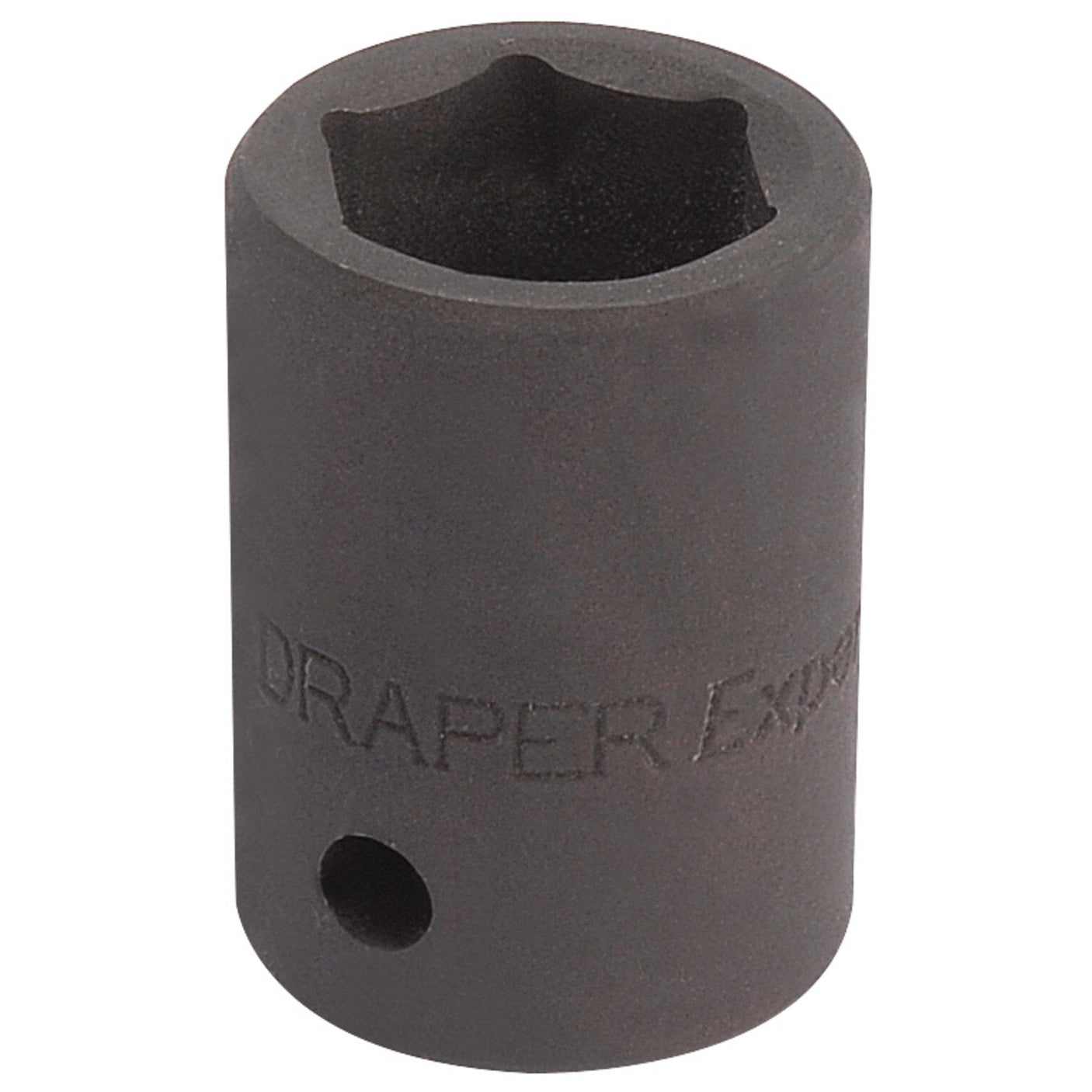 A black, cylindrical Draper Expert Hi-Torq® Impact Socket, 1/2" Sq. Dr., 18mm - 410MM made from chrome vanadium steel features an opening for a bolt or nut and a side hole. Ideal for use with impact sockets.