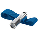 A Draper Oil Filter Strap Wrench, featuring a zinc plated chrome hex bolt wrapped with a blue nylon webbing strap.