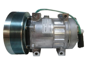 A metallic automotive air conditioning compressor, the Sparex Compressor (SD7H15), featuring a belt pulley, electrical wiring, and identification label, designed for use with R134a refrigerant. Ideal for Caterpillar 183-5106 applications.