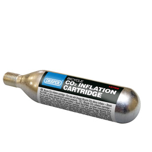 The Draper Bicycle Co2 Inflation Cartridge, 16G (Pack Of 5) - BK-CO216 from Draper features a robust metallic body and threaded cartridges, accompanied by a detailed label outlining product information. It's perfect for quickly inflating bike tires on the go.