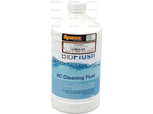 A 1-liter bottle of Flushing Solution (Sparex Part Number: S.137903) from Sparex, a non-toxic internal coil cleaner for air conditioning systems. The label includes the product name and usage details.