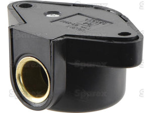 The Sparex Metal Socket 2 pole (Part Number: S.138054) is a black plastic and metal mounting bracket designed for tractor ignition switches. It features a circular opening, two screw holes for secure attachment, and compatibility with 6/24V systems. This bracket also meets ISO Rating 4165 standards for durability and performance.