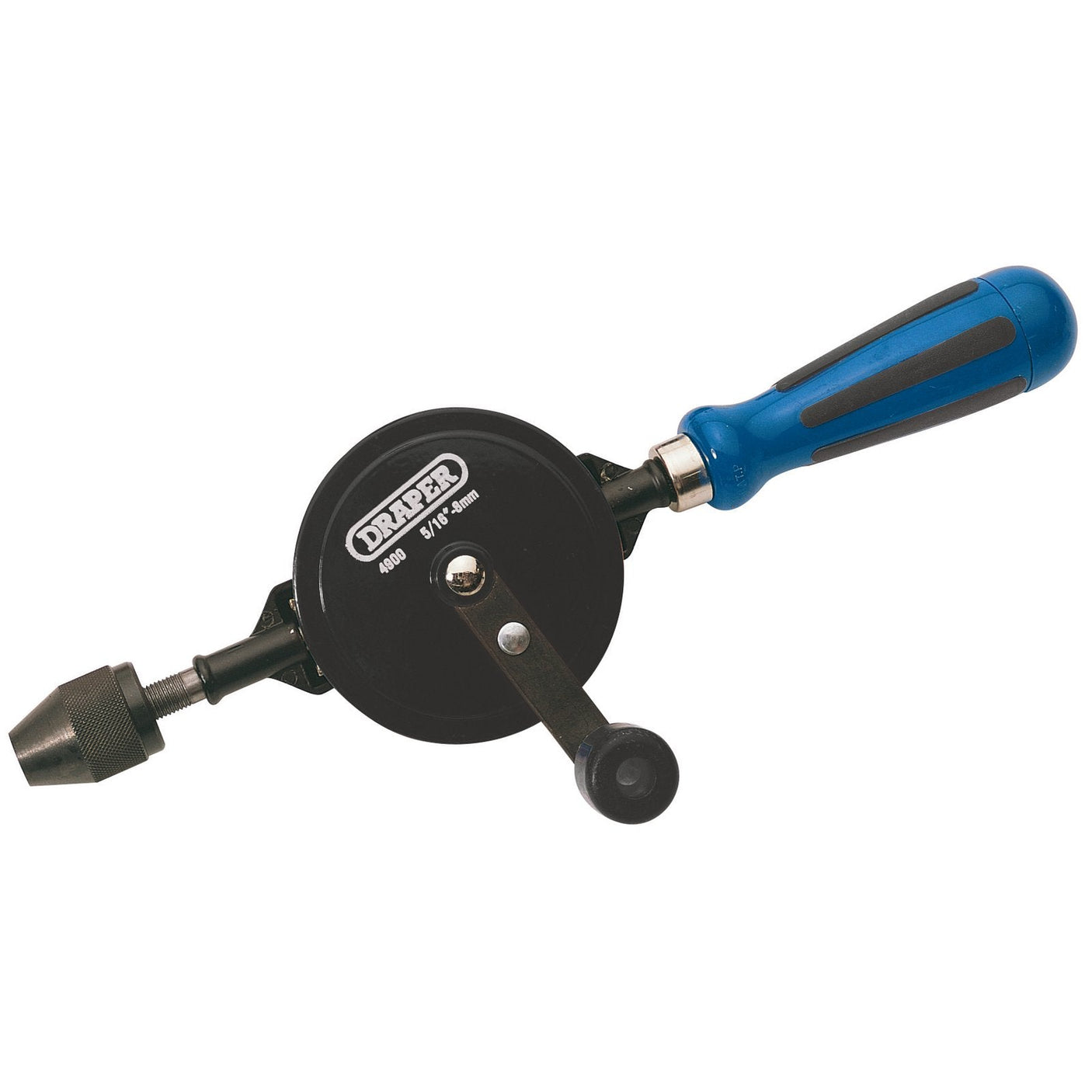 Introducing the Draper Chuck Double Pinion Hand Drill, 8mm/5/16" - 4900, equipped with an easy-grip blue and black handle, a robust black gear casing, and a metal chuck with ample chuck capacity.