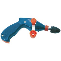 Close-up of a blue and orange Draper Pistol Grip Hand Drill, 8mm - 3/8" - 4899, featuring an ergonomic handle and adjustable components, with a design evocative of a sleek handheld garden hose nozzle.