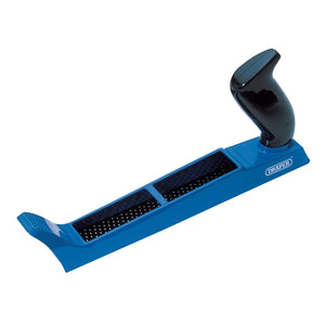 The Draper Multi-Rasp Wood Plane, 255mm - 2529 by Draper is a blue hand planer tool with a black handle. It features a replaceable high carbon steel blade and a diecast body, making it ideal for smoothing or shaping wood surfaces. Blade length: 255mm.