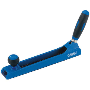 The Draper Adjustable Handle Multi-Rasp Wood Plane, 255mm - 2829 is a blue and black hand-held tool equipped with a high carbon steel blade in the center. It features an adjustable soft grip handle to enhance comfort while shaping materials.