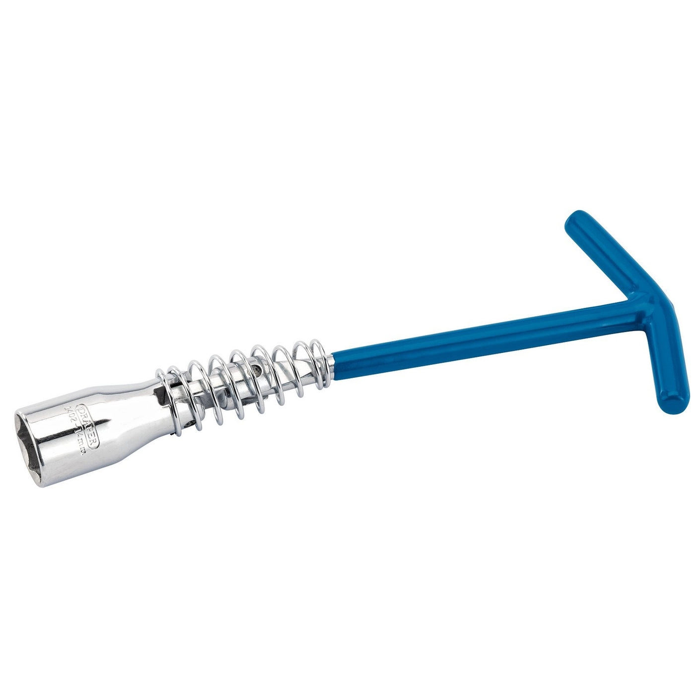 The Draper Flexible Spark Plug Wrench, 14mm - 1402 features a blue, plastic-coated T handle, a metal socket head, and a spring coil near the socket to protect spark plug insulators. This tool from Draper is perfect for installing and removing spark plugs efficiently.