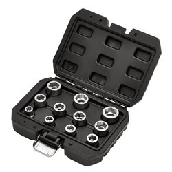 A black plastic case by Draper, containing the Bolt Extractor Socket Set (11 pieces), with each of the nine chrome molybdenum steel sockets secured in individual slots within the case.